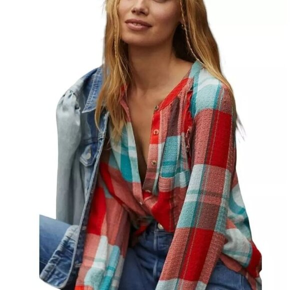 Pilcro Plaid Button-Up Blouse With Ruffle Detail‎ & Pocket - Size M - Picture 3 of 13